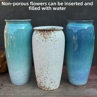 无孔水培花盆花器插花高筒覆古摆件民宿店铺摆件粗陶罐鲜花瓶新款