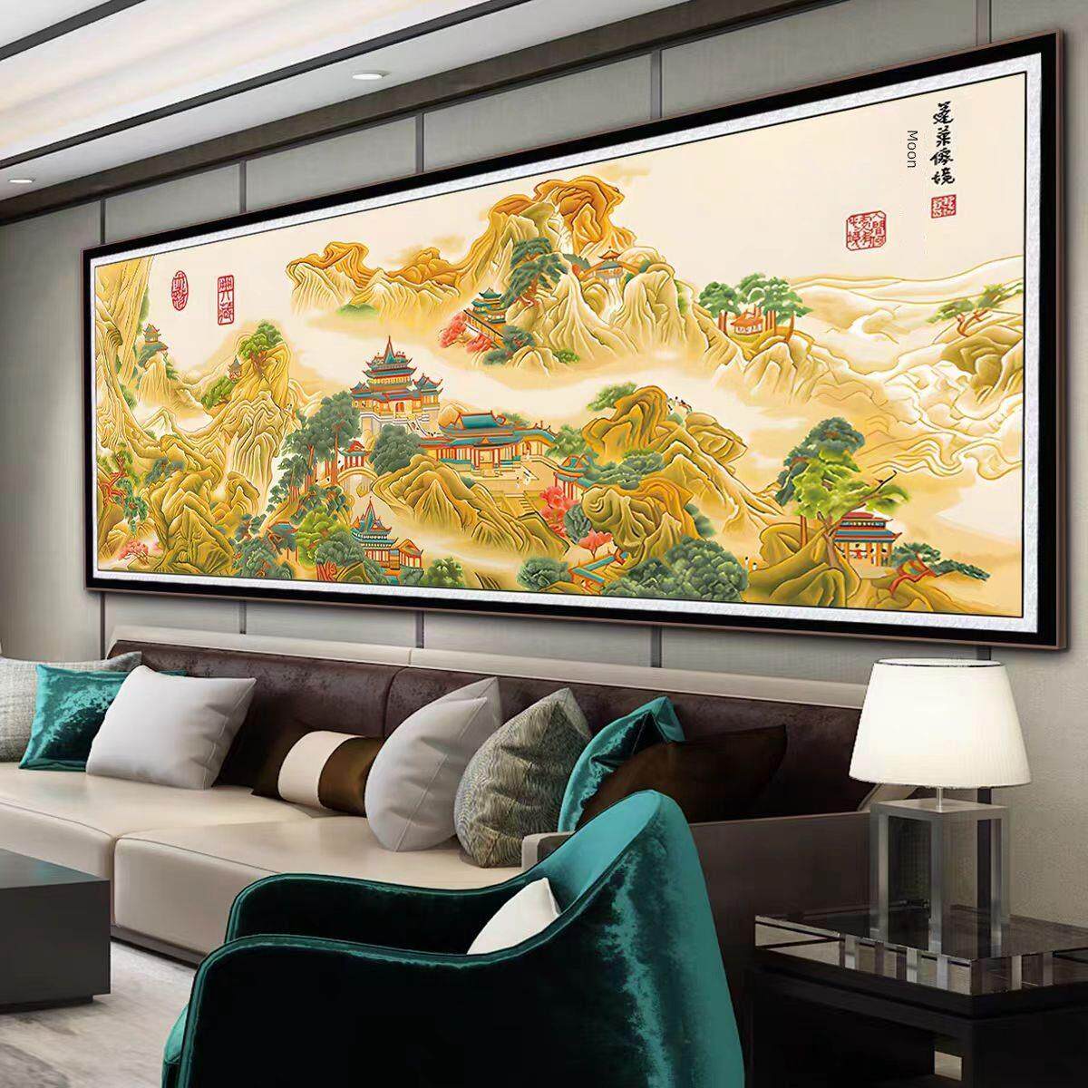 人工十字绣成品，纯手工蓬莱仙境背画，新客厅古典风光山水名画