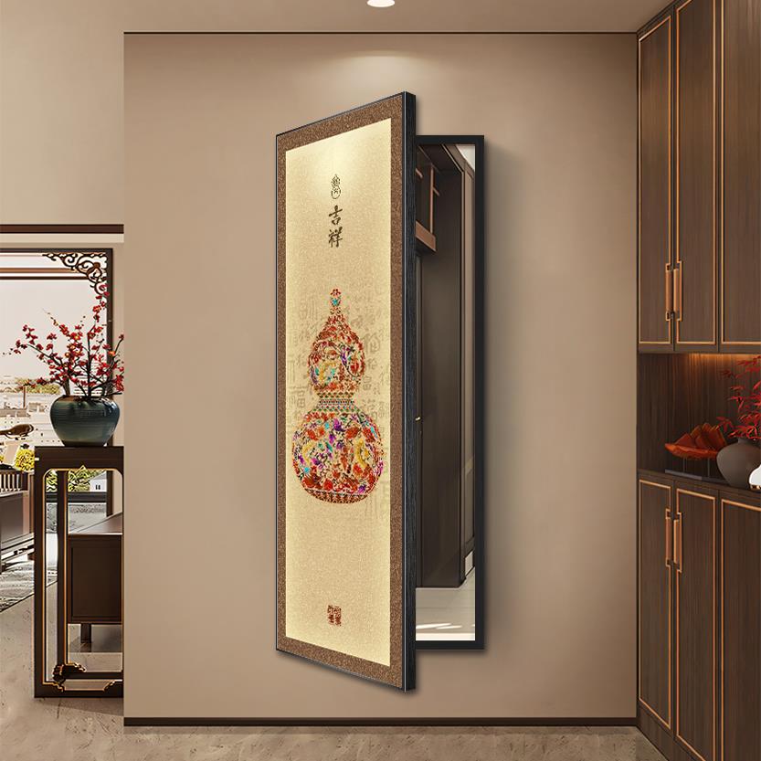葫芦玄关暗藏全身镜装饰画 画百福图翻开 隐藏式可关闭隐形全身镜