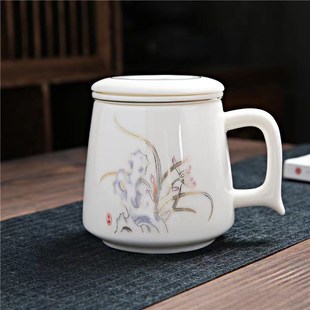 羊脂玉瓷水杯陶瓷办公杯马克杯带盖过滤茶N杯主人杯个人杯家用