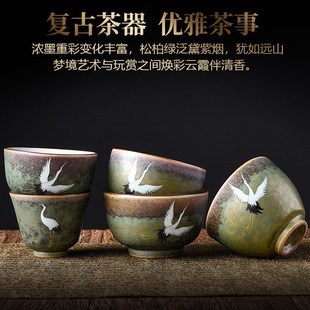 复古焕彩窑变仙鹤茶杯创意家用陶瓷主人杯功夫茶T具品茗杯单杯茶