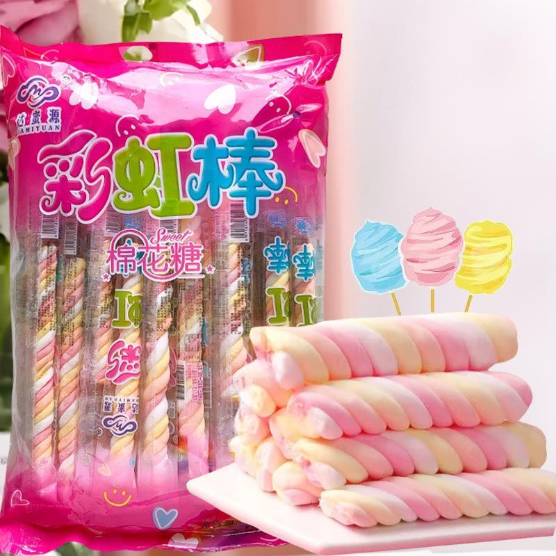 达蜜源长支彩虹棒棉花糖松软甜品8090后怀旧休闲零食校园小吃批发