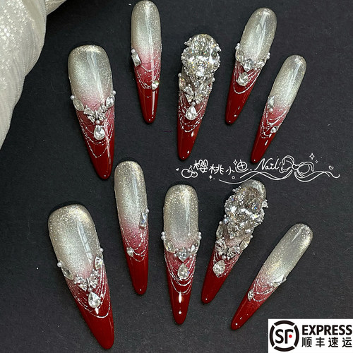 红色浪漫满手锆石爆闪婚礼穿戴甲