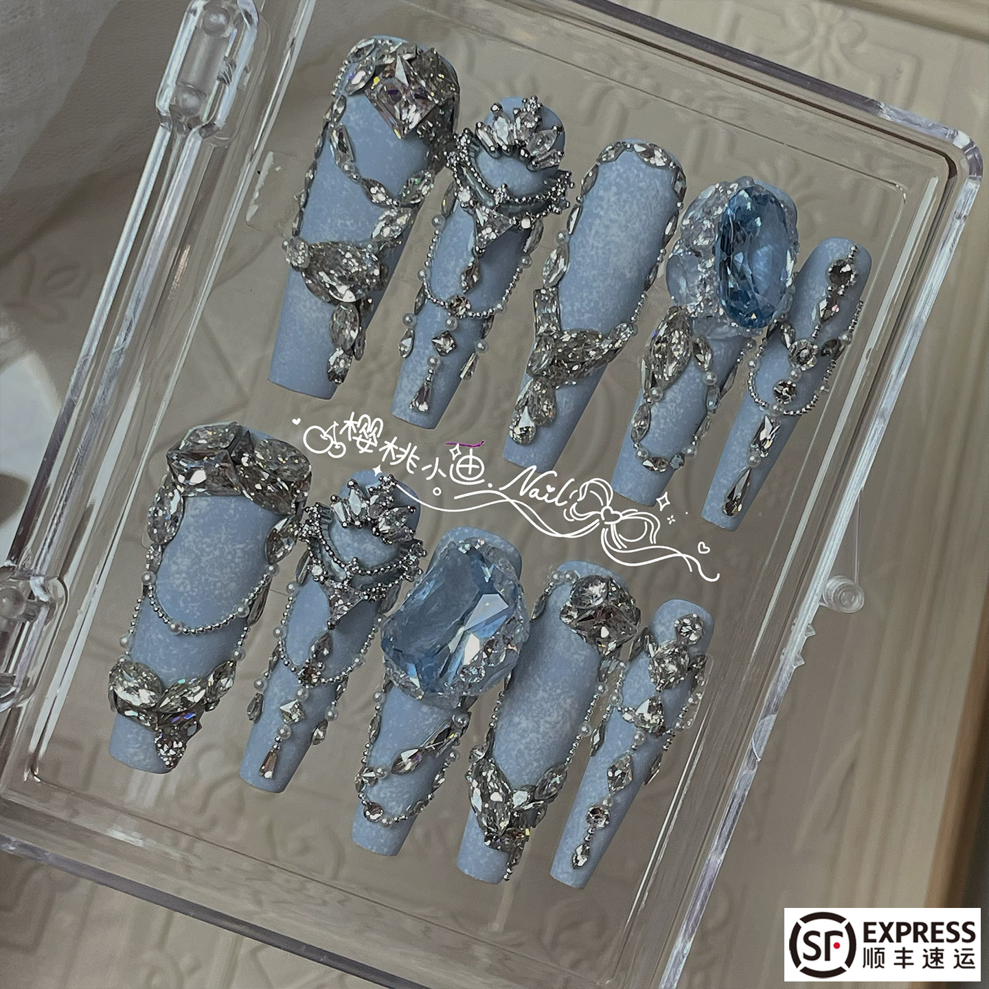 蓝色丝绸牛仔闪锆石纯手工穿戴甲