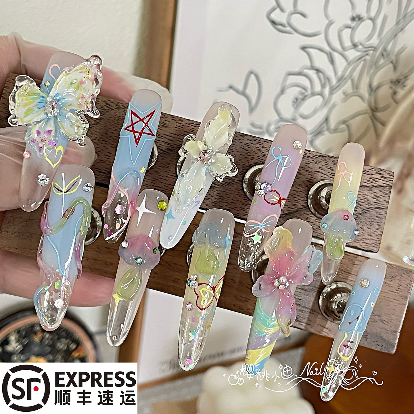彩虹化蝶缤纷多巴胺手工定制穿戴甲温柔气质显白可拆卸指甲美甲,彩妆/香水/美妆工具,穿戴甲/甲片,淘宝优惠券,粉丝福利购,淘宝优惠卷