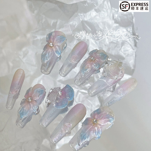 冰透百合立体雕花手工定制穿戴甲