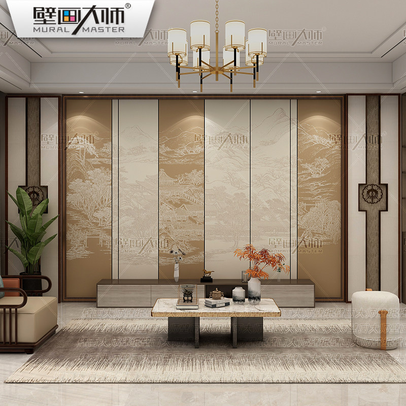 热销轻奢新中式拼色山水壁布电视背景墙壁纸客厅茶室书房沙发影视