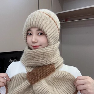 冬天防寒帽子围巾一体插口式菠萝款女士一体帽松鼠绒风雪帽秋冬新