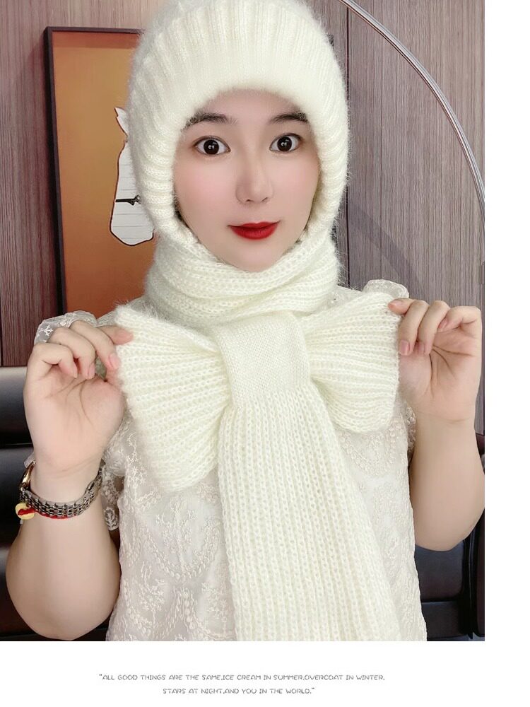 风雪帽秋冬新款帽子围脖一体插口式菠萝款女士一体帽松鼠绒毛线帽