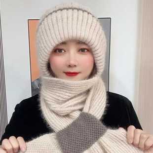风雪帽秋冬新款帽子围脖一体插口式菠萝款女士一体帽松鼠绒毛线帽