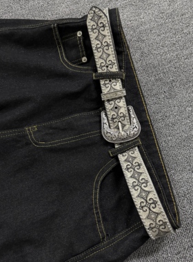 Vintage西部铆钉皮带腰带银色复古雕花金属扣头小众设计简约皮带