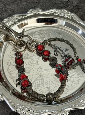 美式哥特风玫瑰十字架复古手工串珠裤链cleanfit金属钥匙扣挂件