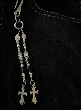 SFSN闪珠骷髅双短链镶钻十字架cleanfit腰间挂饰复古风高级钥匙扣