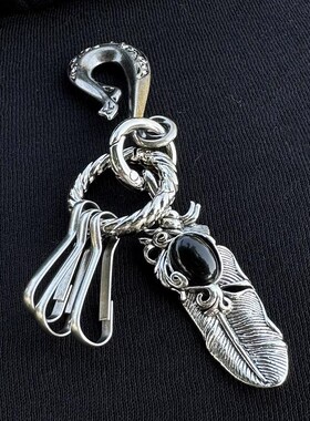 SFSN复古羽毛水墨玉金属钥匙扣三环扣挂件小众设计高级感包包挂饰