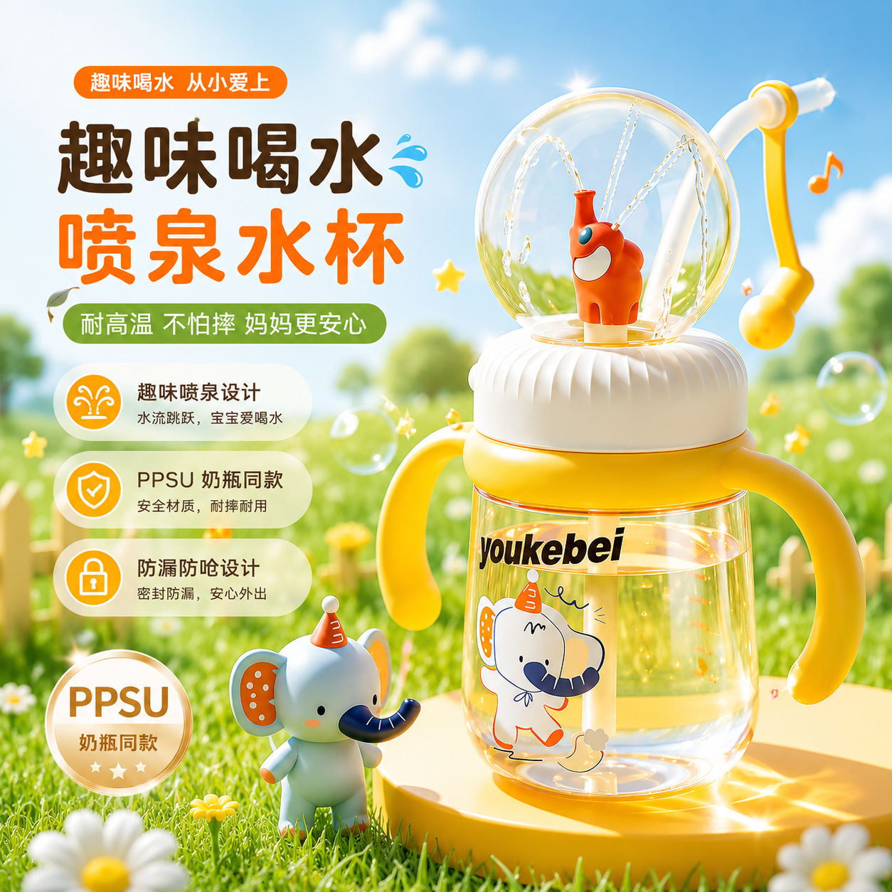 【3.0新升级】小仔象PPSU带喷泉儿童水杯夏季幼儿园吸管水杯外出