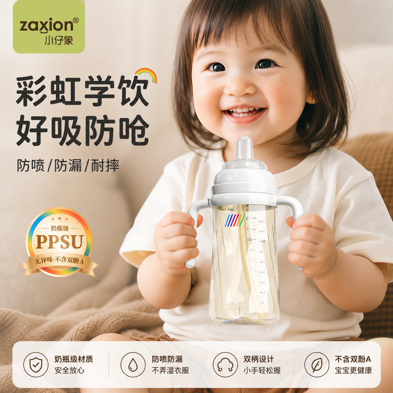 zaxion宝宝彩虹学饮鸭嘴杯三合一直饮重力球吸管水杯防喷奶瓶