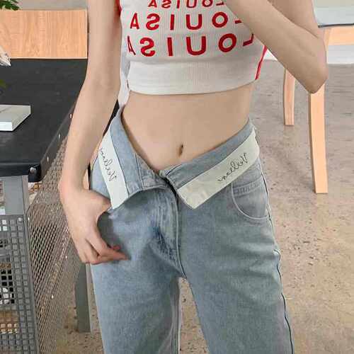 翻边腰韩版牛仔裤女春秋