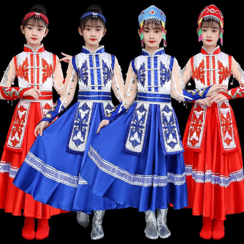 新款六一儿童蒙古族舞蹈服少数民族藏族服装蒙古裙W袍演出服男女