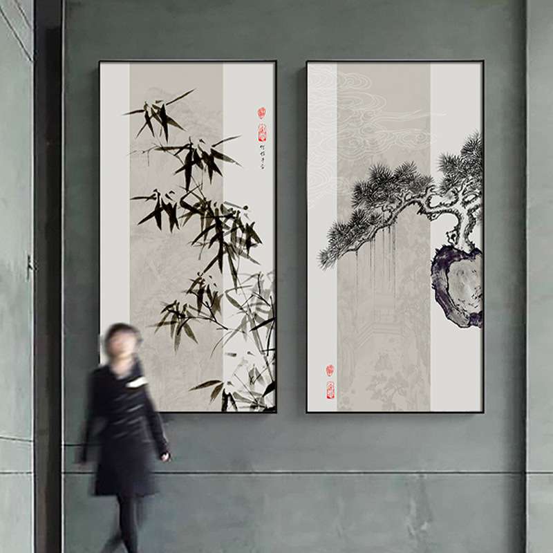 新中式竹报平安吉祥玄关装饰画迎客松客厅走廊过道竖挂画寓意壁画