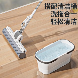 o家用挤水免手洗胶棉拖把大号拖地吸水轻便一 拖把海绵拖把滚轮式