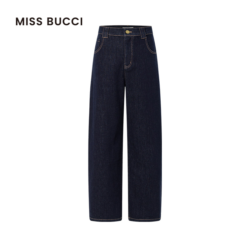 MISS BUCCI 秋冬款休闲复古百搭明线加绒混纺阔腿直筒牛仔裤女