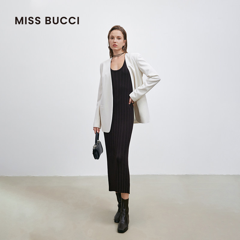 MISS BUCCI 秋冬季女士无领时尚简约通勤长袖西装纯色休闲外套女
