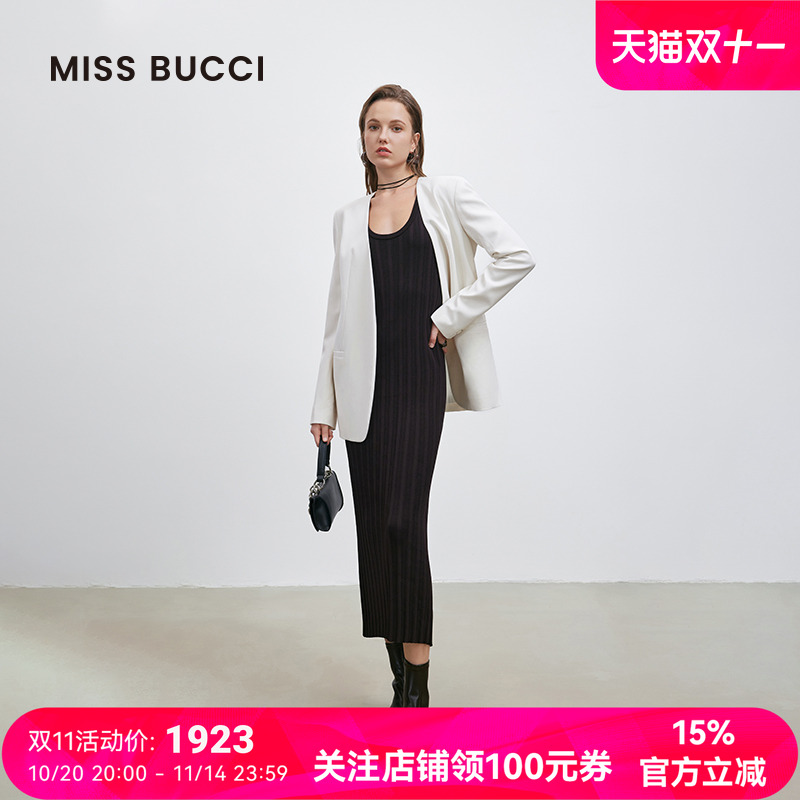 MISS BUCCI 秋冬女士无领休闲简约通勤西装纯色外套女