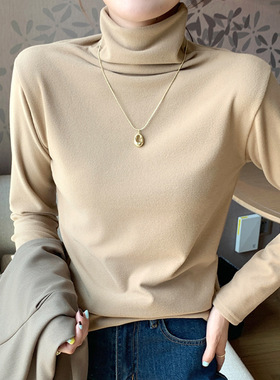 高领微米绒打底衫极简风高领长袖T恤女修身显瘦打底衫内搭上衣