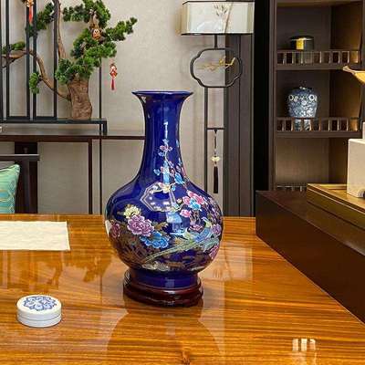摆景德镇陶瓷瓶宝宝石蓝花石蓝式花瓶客厅办公花室复古件中瓷瓶