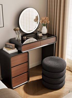 小户型全实约木烤FSJ漆古风妆台收纳梳柜一体中卧室黑色化妆桌简