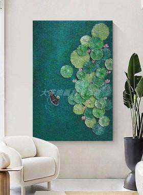 顺丰】客厅好运莲莲手绘油QIO玄绿色荷花叶理装画饰肌壁画立关体