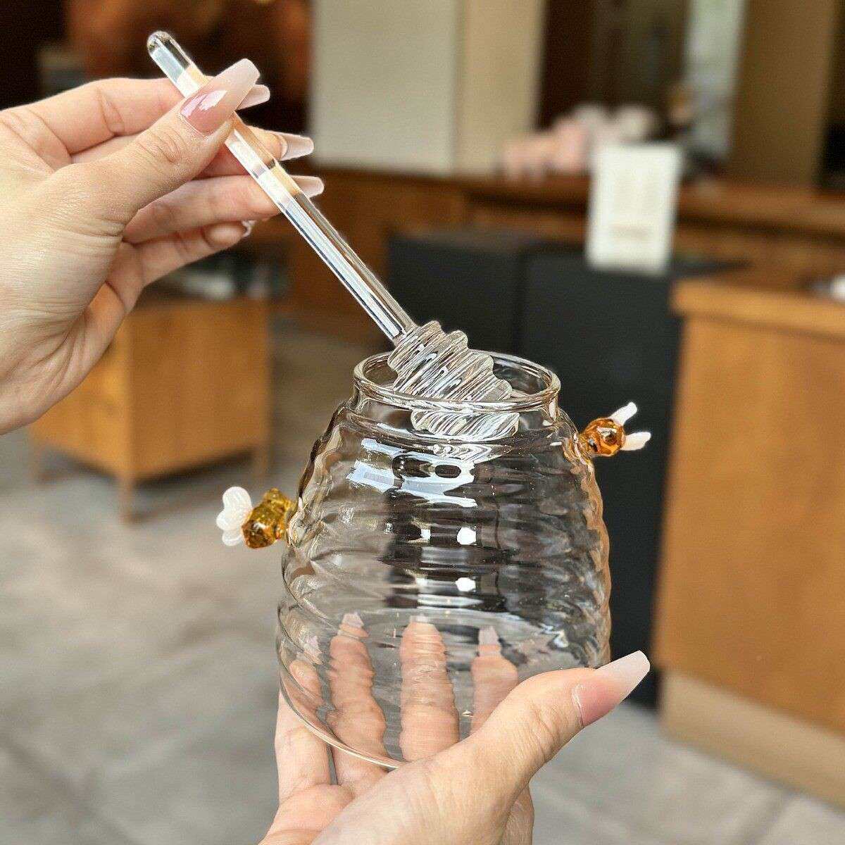 蜂巢造加型玻璃蜂蜜透耐热厚硼带硅储物搅明MZN拌棒收纳