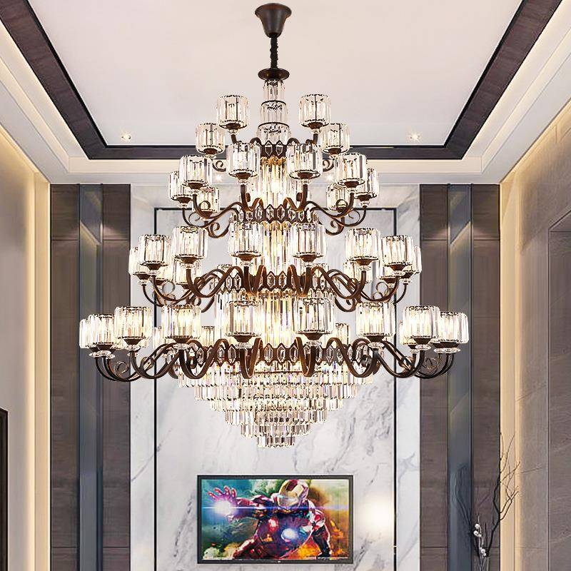 美式别821复式楼客厅水晶大吊灯黑色复古大挑空楼中工楼灯墅气中