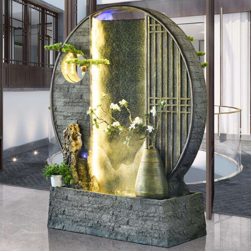 中式台水车双面圆形水幕墙流水屏办风公室阳庭玄关大堂院GZB假山