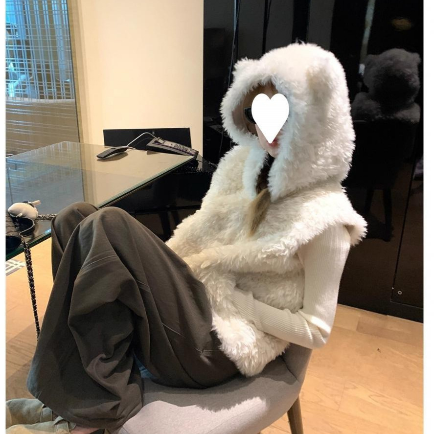 现货小熊软糖韩系甜美连帽马甲女秋外穿休闲时尚外搭毛呢外套