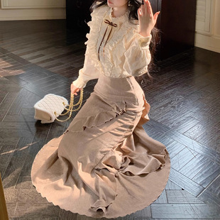 旧梦庄园 法式千金感加绒款衬衫+设计感不规则鱼尾半身裙两件套潮