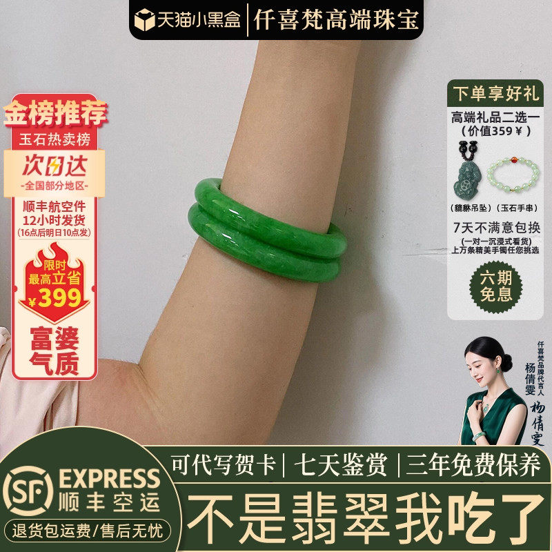 仟喜梵”风拂柳“高端缅甸翡翠玉手镯子女款帝王绿满绿真玉石处理
