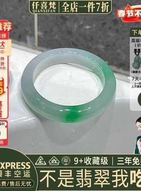 仟喜梵“燕剪春风”高端缅甸翡翠玉手镯子女款白底青飘花真玉处理