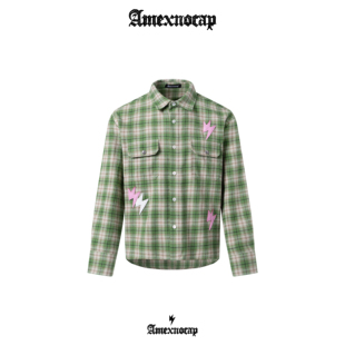 Amexnocap闪电牛绿粉格子衫重磅美式复古轻奢高级男女同款