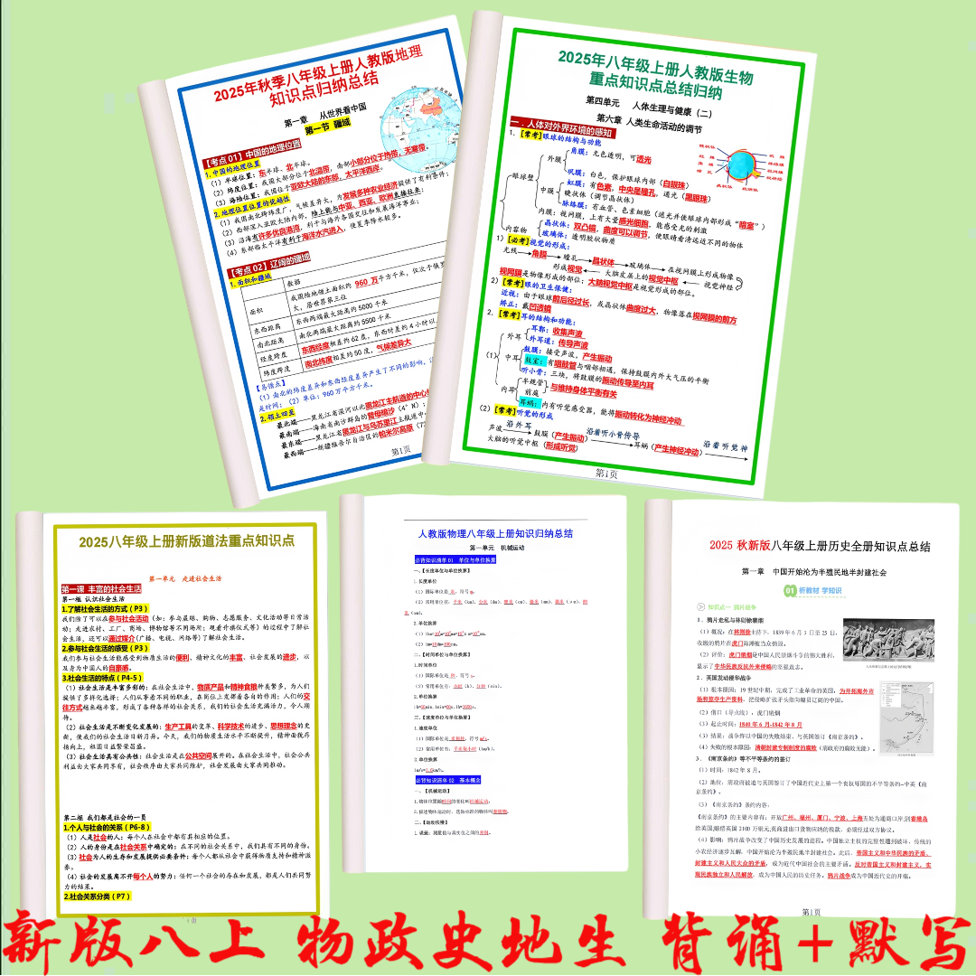 2025物理八年级上册练习册必背知识点汇总小四门政史地生早读晚默