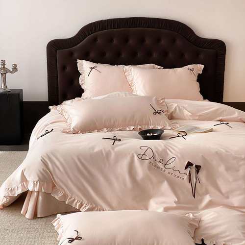 法式全棉水洗棉刺绣四件套轻奢少女心纯棉床上被套床单床笠三件套