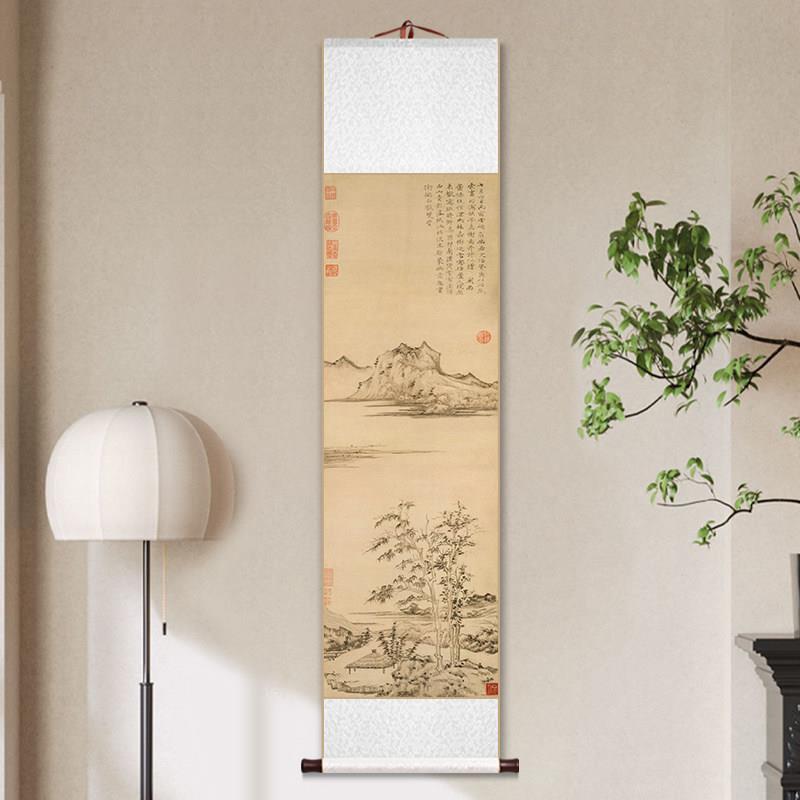 倪瓒秋亭嘉树图新中式卷轴挂画山水画客厅装饰画书房茶室玄关壁画