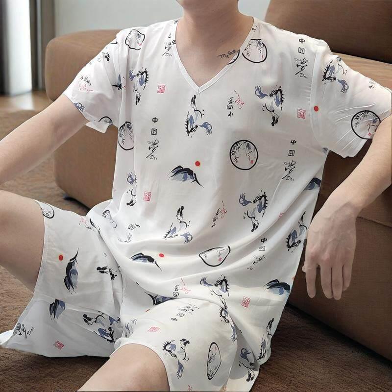 棉绸睡衣男夏宽松短袖薄家居服透气中年爸V领绵绸短裤大尺码两件