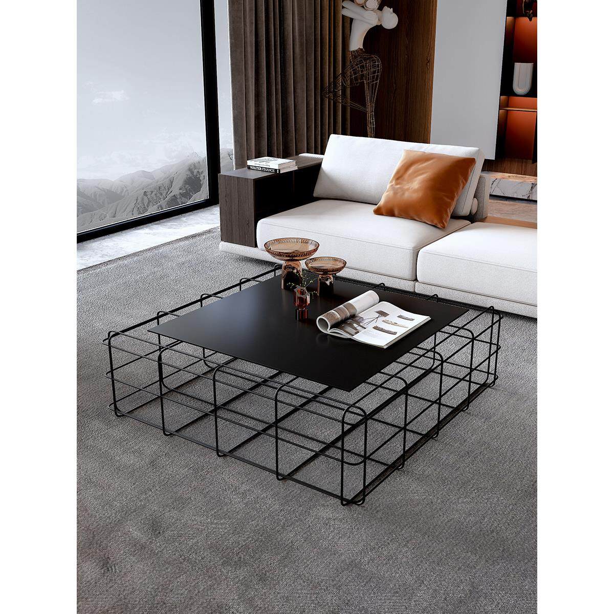 现代黑色铁艺方形茶桌简约高级感茶几客厅收纳茶台轻奢咖啡桌长方