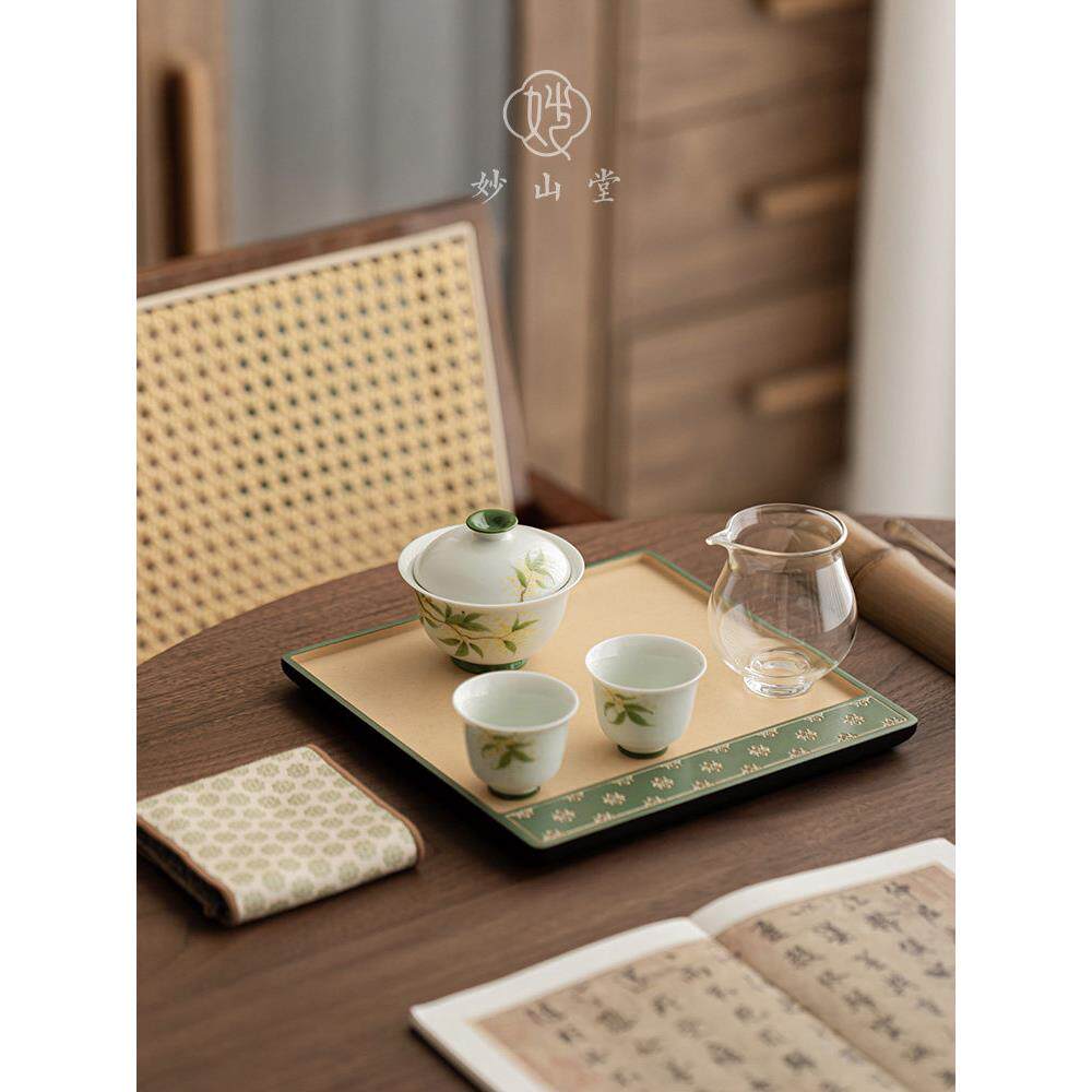 妙山堂 手绘桂花功夫茶具套装家用女士精致喝茶盖碗茶杯带茶盘