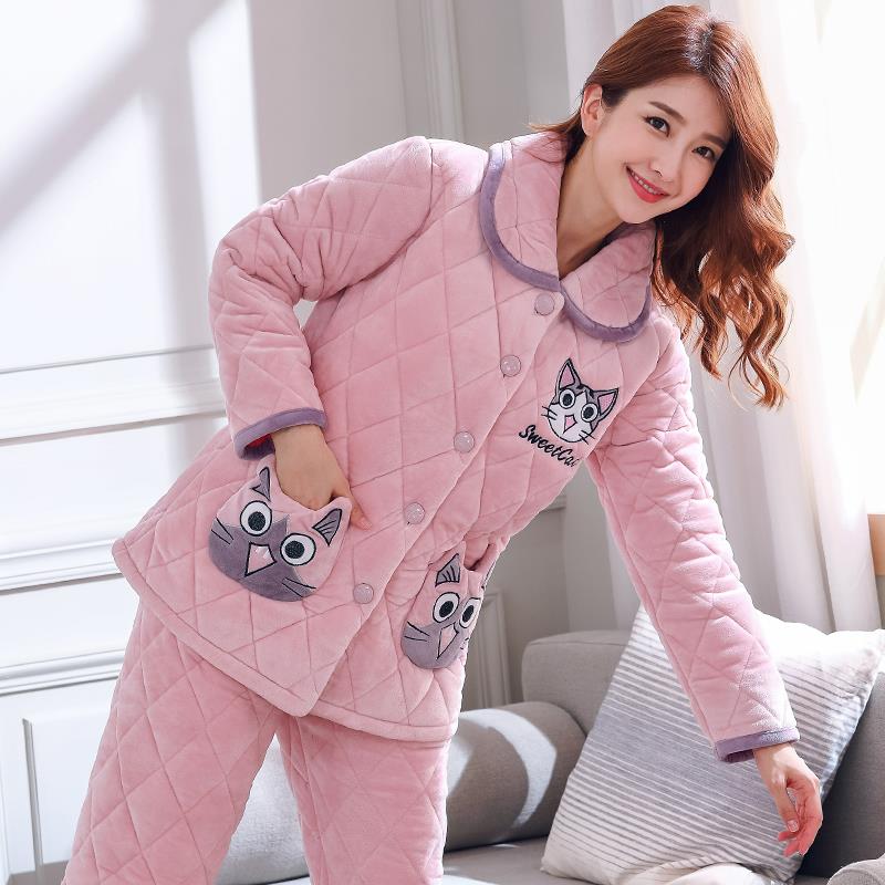 睡衣女秋冬季三层加厚珊瑚绒夹棉袄加绒保暖新款法兰绒家居服套装