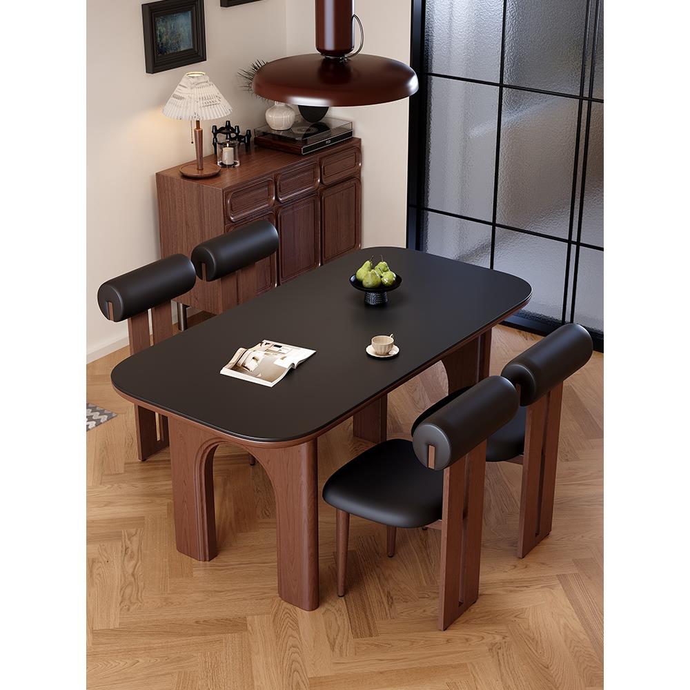 法式覆古风实木岩板餐桌椅组合家用小户型圆弧椭圆形饭桌子餐桌