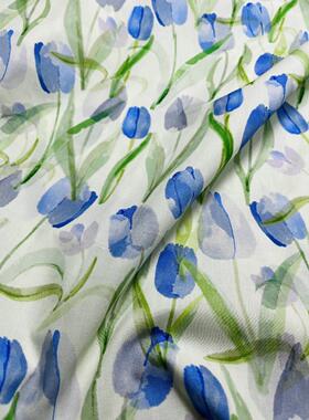 纯棉织物数码印花蓝色郁金香六十支棉高支高密度连衣裙手工DIY