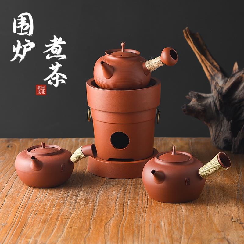 潮州砂铫壶红泥煮炭炉覆古工夫茶烧水茶炉套装电碳两用侧把煮茶壶