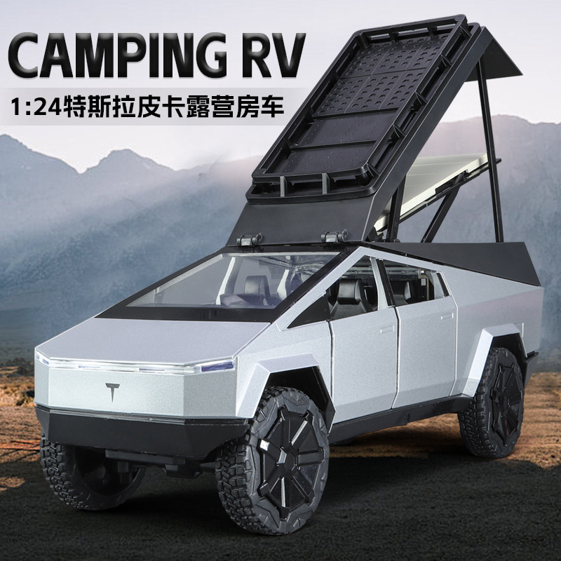 新豪迪1:24特斯拉皮卡露营房车款合金模型开门回力声光玩具热销